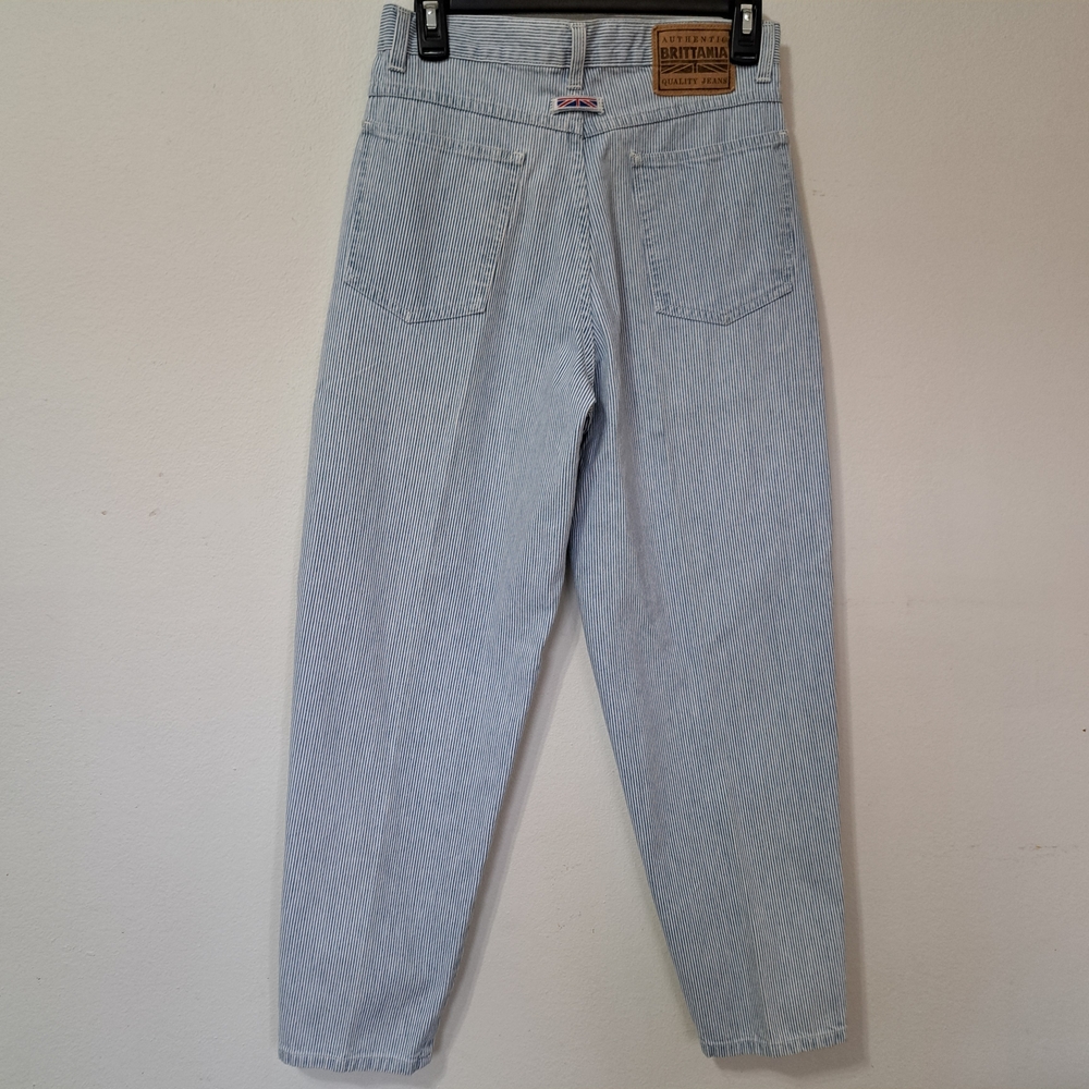 True Vtg Brittania Nautical Stripe Relaxed Fit Mom Jeans blue white pinstripe 28